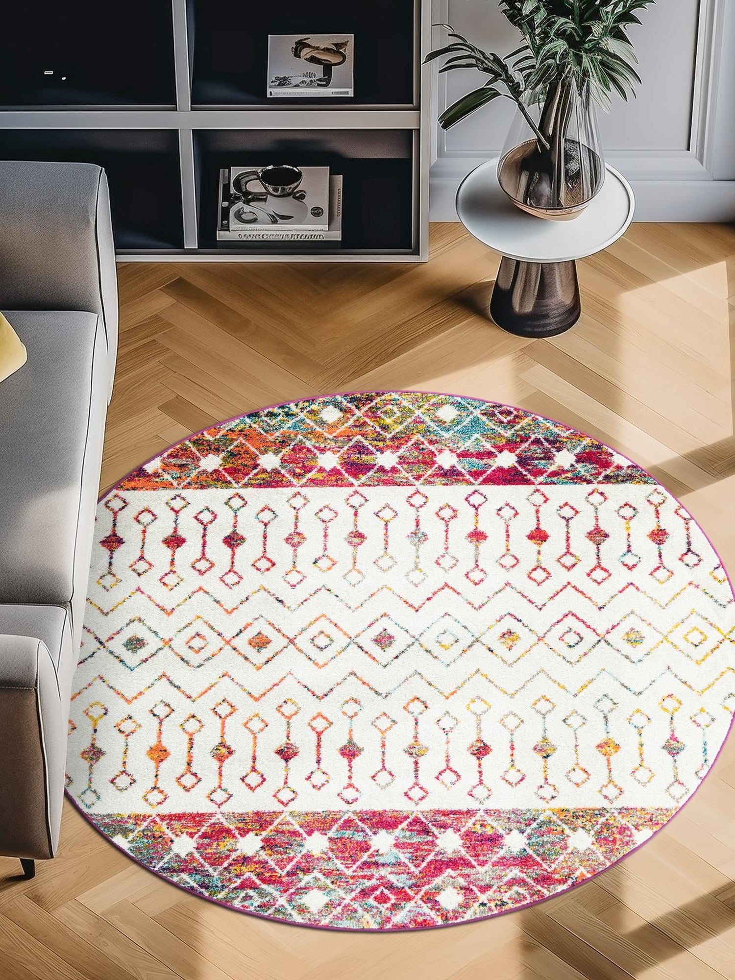 Ivory Multicolor 10' x 10' Tribal Trellis Round Area Rug Geometric Southwestern Inspired Durable Carpet for Home Interior Design for Sale at Rug Engine