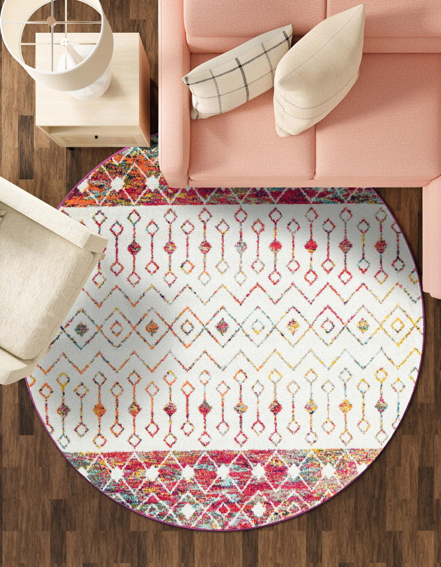 Ivory Multicolor 6' 1 x 6' 1 Tribal Trellis Round Area Rug Geometric Southwestern Inspired Durable Carpet for Home Interior Design for Sale at Rug Engine