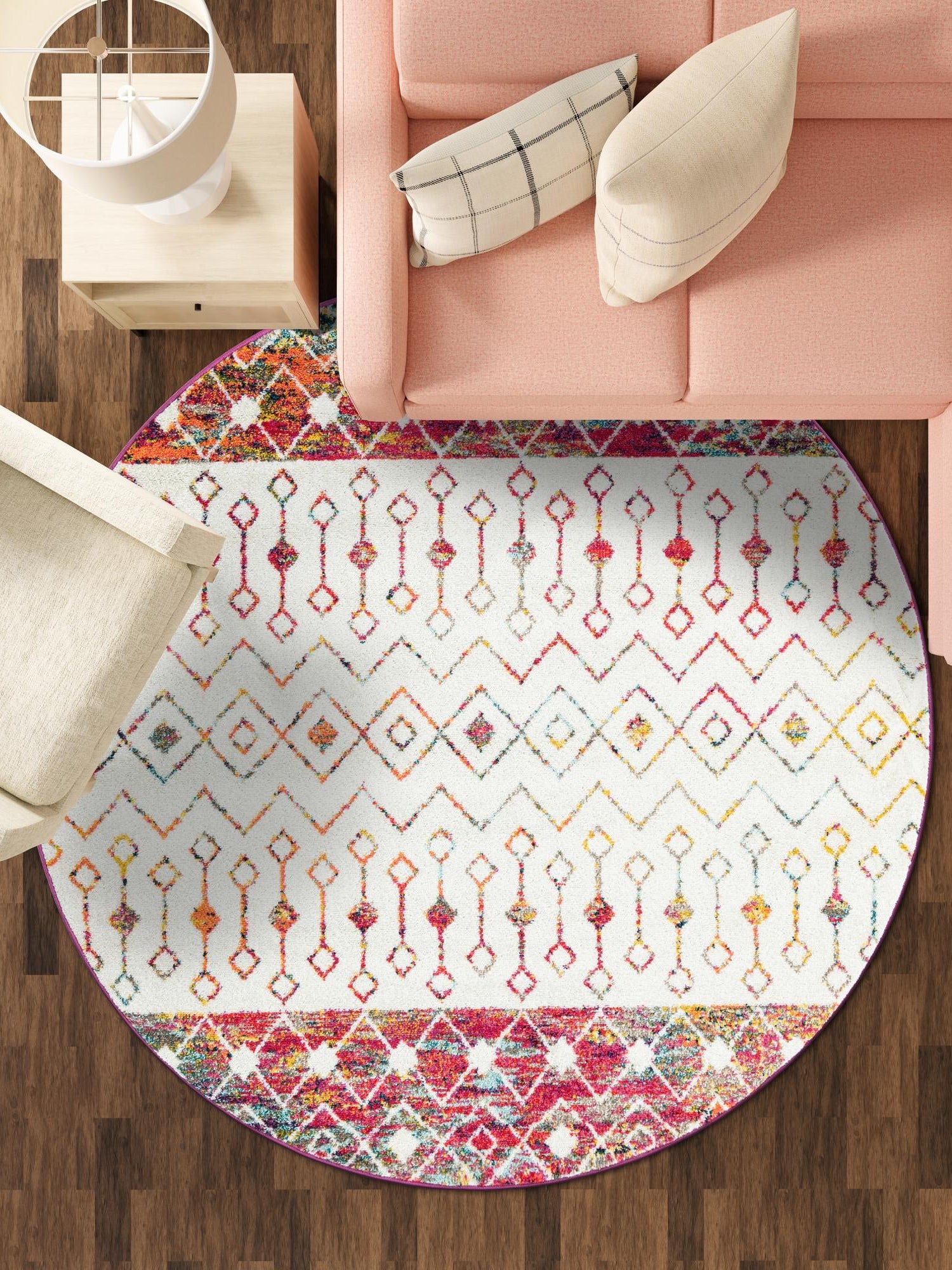 Ivory Multicolor 10' x 10' Tribal Trellis Round Area Rug Geometric Southwestern Inspired Durable Carpet for Home Interior Design for Sale at Rug Engine