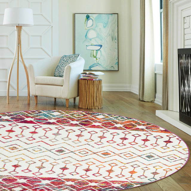 Ivory Multicolor 6' 1 x 6' 1 Tribal Trellis Round Area Rug Geometric Southwestern Inspired Durable Carpet for Home Interior Design for Sale at Rug Engine