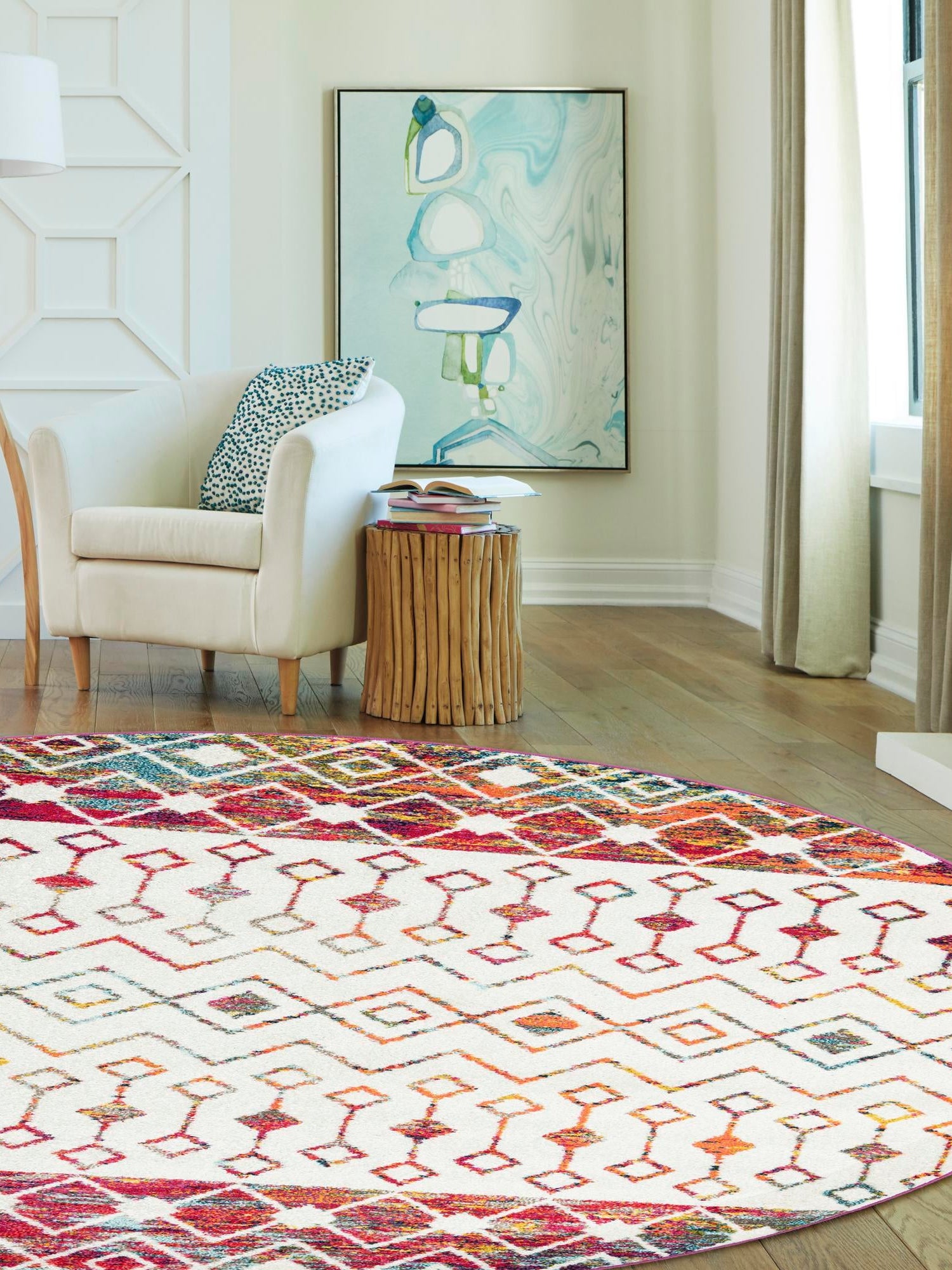 Ivory Multicolor 10' x 10' Tribal Trellis Round Area Rug Geometric Southwestern Inspired Durable Carpet for Home Interior Design for Sale at Rug Engine