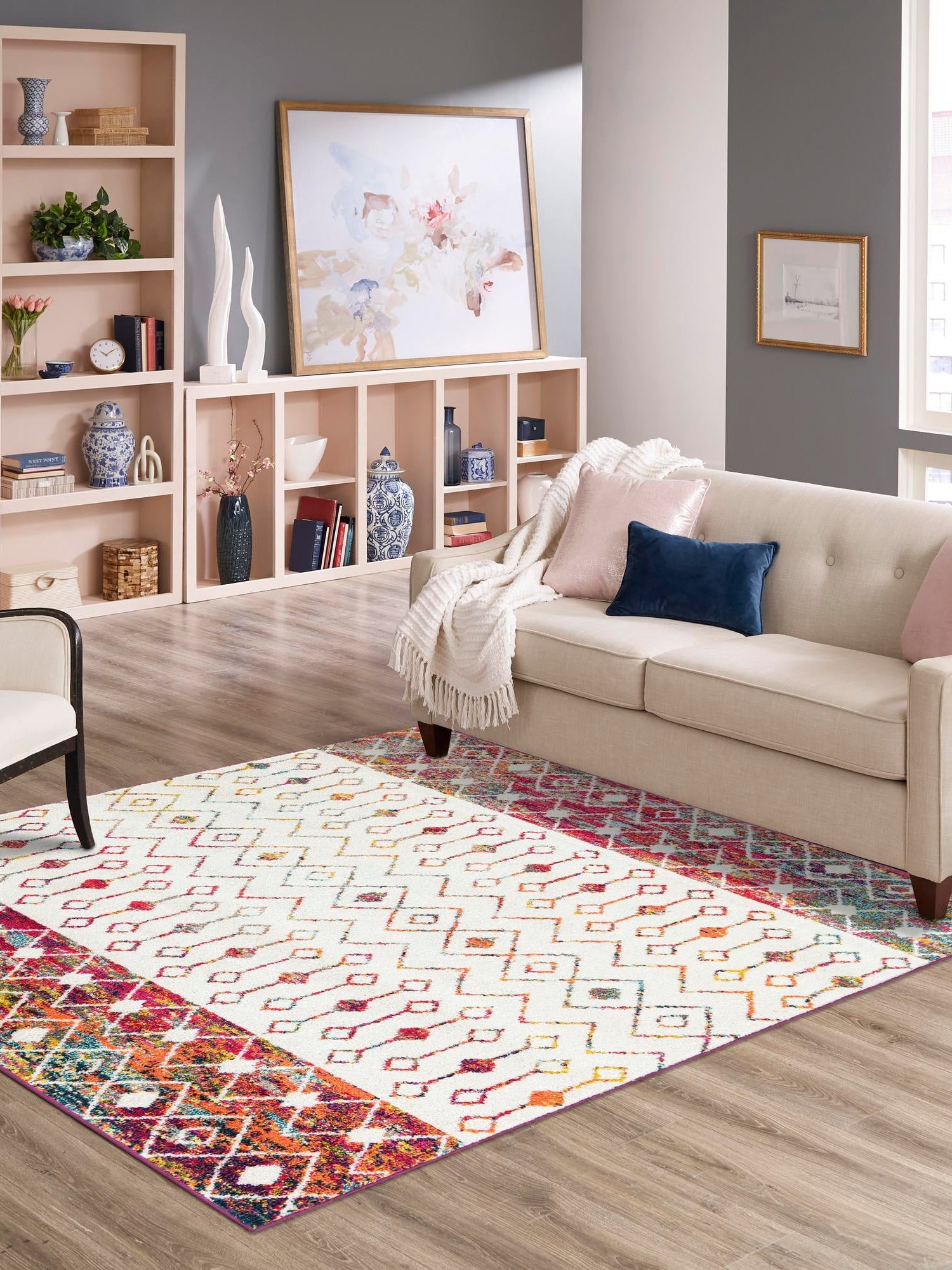 Ivory Multicolor 5' 3 x 5' 3 Tribal Trellis Square Area Rug Geometric Southwestern Inspired Durable Carpet for Home Interior Design for Sale at Rug Engine