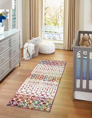 Ivory Multicolor 2' 7 x 10' Tribal Trellis Runner Area Rug Geometric Southwestern Inspired Durable Carpet for Home Interior Design for Sale at Rug Engine