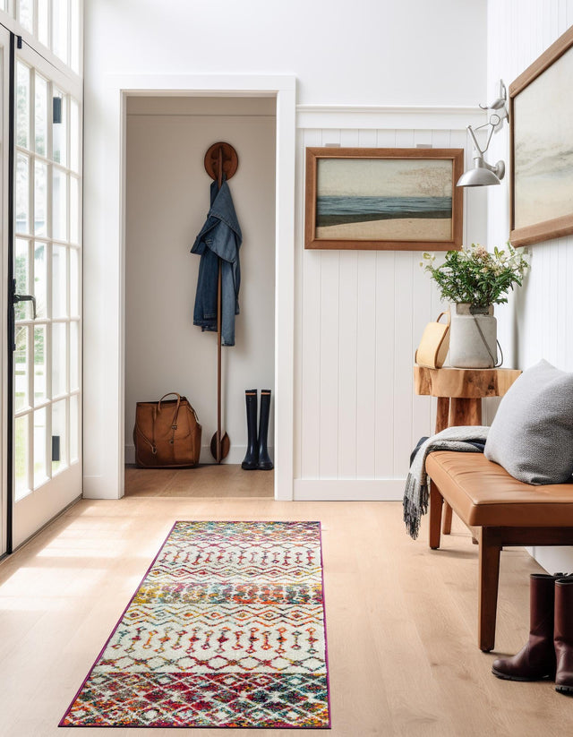 Ivory Multicolor 2' x 8' Tribal Trellis Runner Area Rug Geometric Southwestern Inspired Durable Carpet for Home Interior Design for Sale at Rug Engine