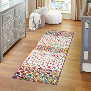 Ivory Multicolor 2' x 6' 1 Tribal Trellis Runner Area Rug Geometric Southwestern Inspired Durable Carpet for Home Interior Design for Sale at Rug Engine