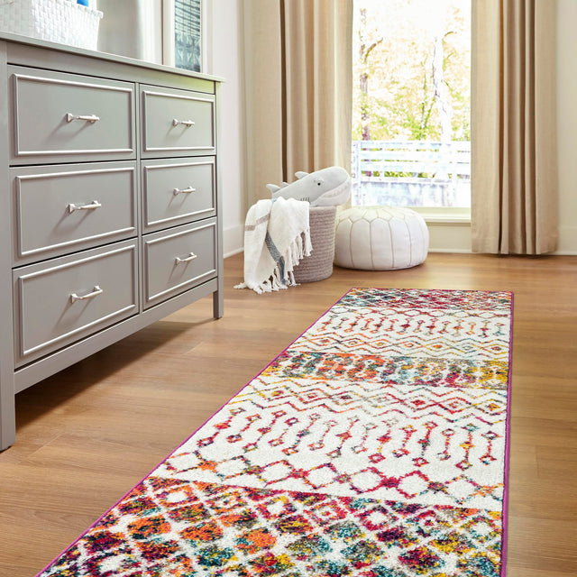 Ivory Multicolor 2' 7 x 10' Tribal Trellis Runner Area Rug Geometric Southwestern Inspired Durable Carpet for Home Interior Design for Sale at Rug Engine