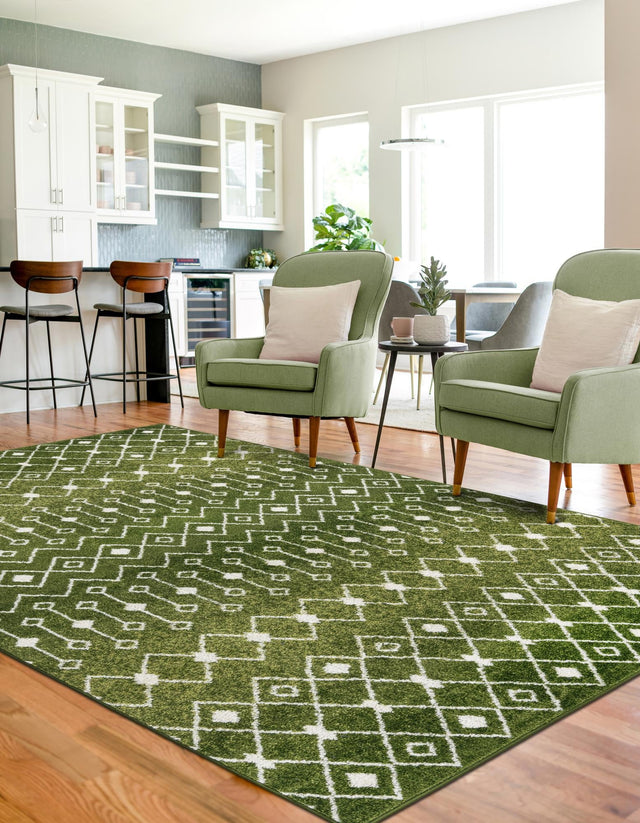 Green 4' 1 x 6' 1 Tribal Trellis Rectangle Area Rug Geometric Southwestern Inspired Durable Carpet for Home Interior Design for Sale at Rug Engine