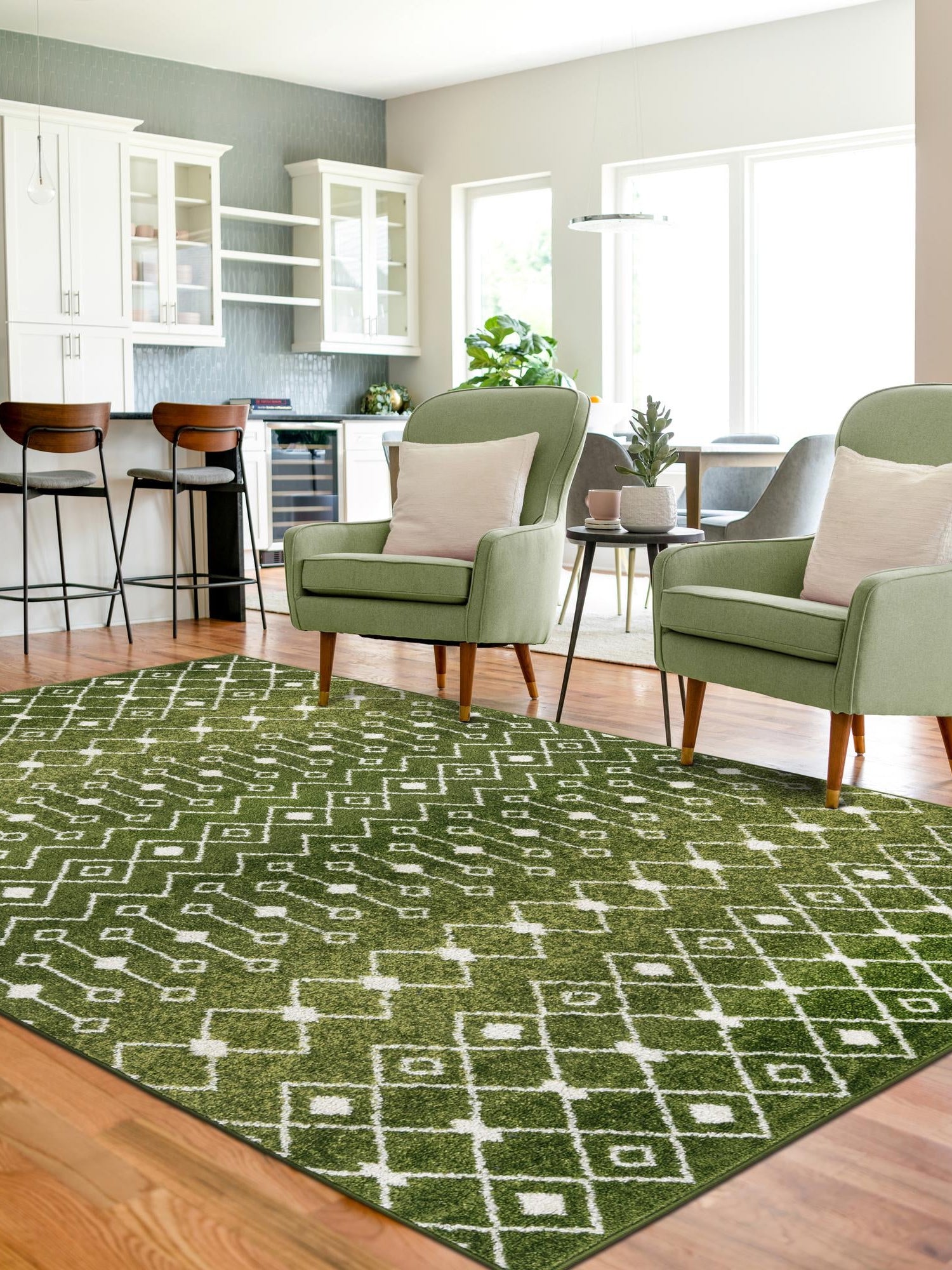 Green 6' 1 x 9' Tribal Trellis Rectangle Area Rug Geometric Southwestern Inspired Durable Carpet for Home Interior Design for Sale at Rug Engine