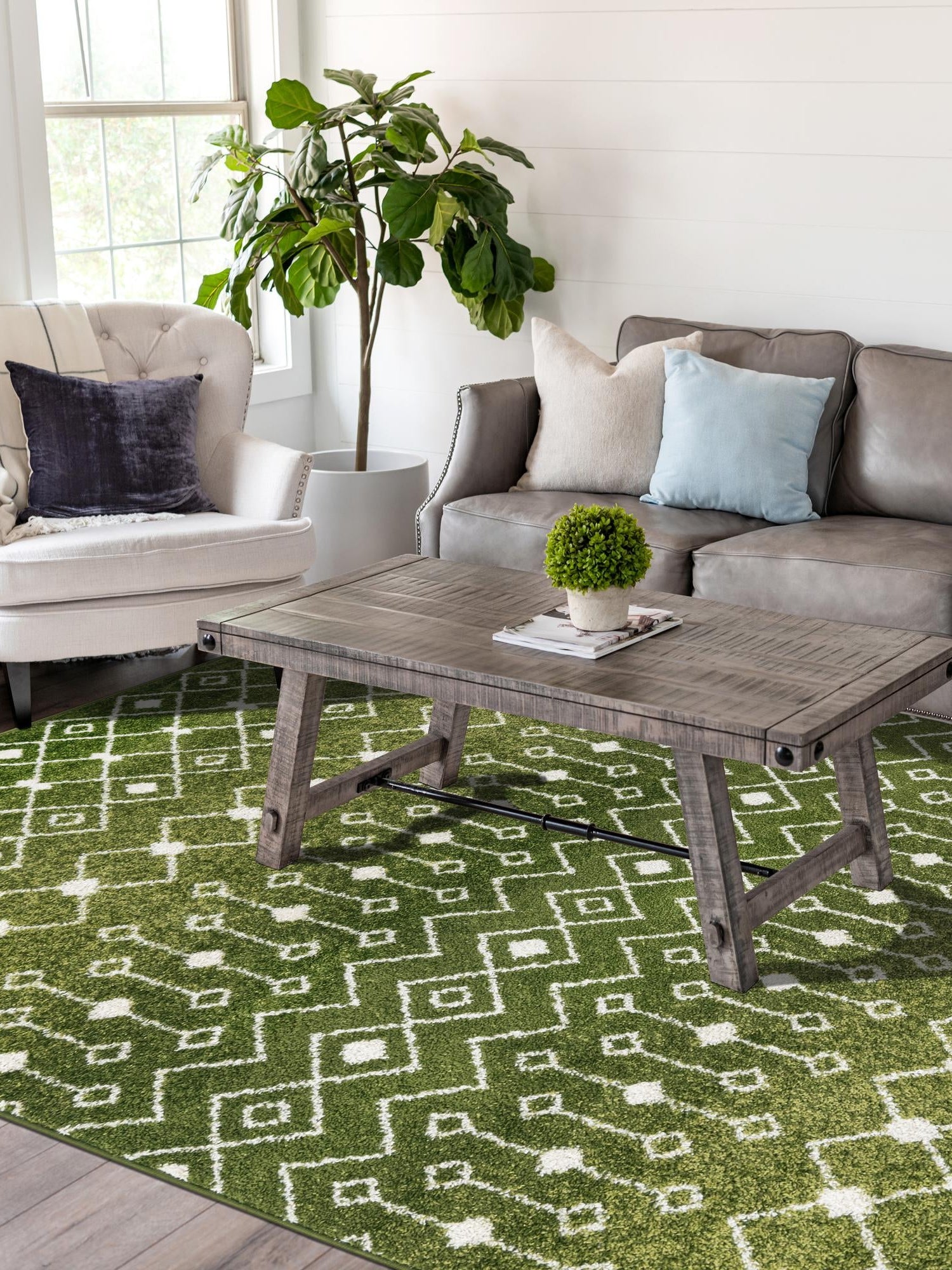 Green 9' x 12' Tribal Trellis Rectangle Area Rug Geometric Southwestern Inspired Durable Carpet for Home Interior Design for Sale at Rug Engine