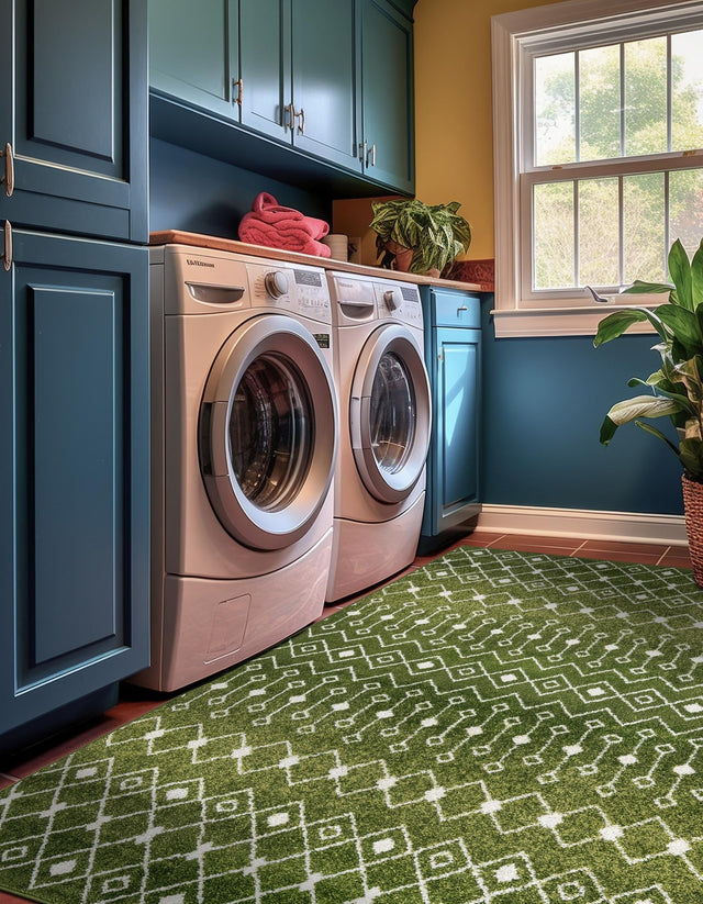 Green 7' 10 x 10' Tribal Trellis Rectangle Area Rug Geometric Southwestern Inspired Durable Carpet for Home Interior Design for Sale at Rug Engine