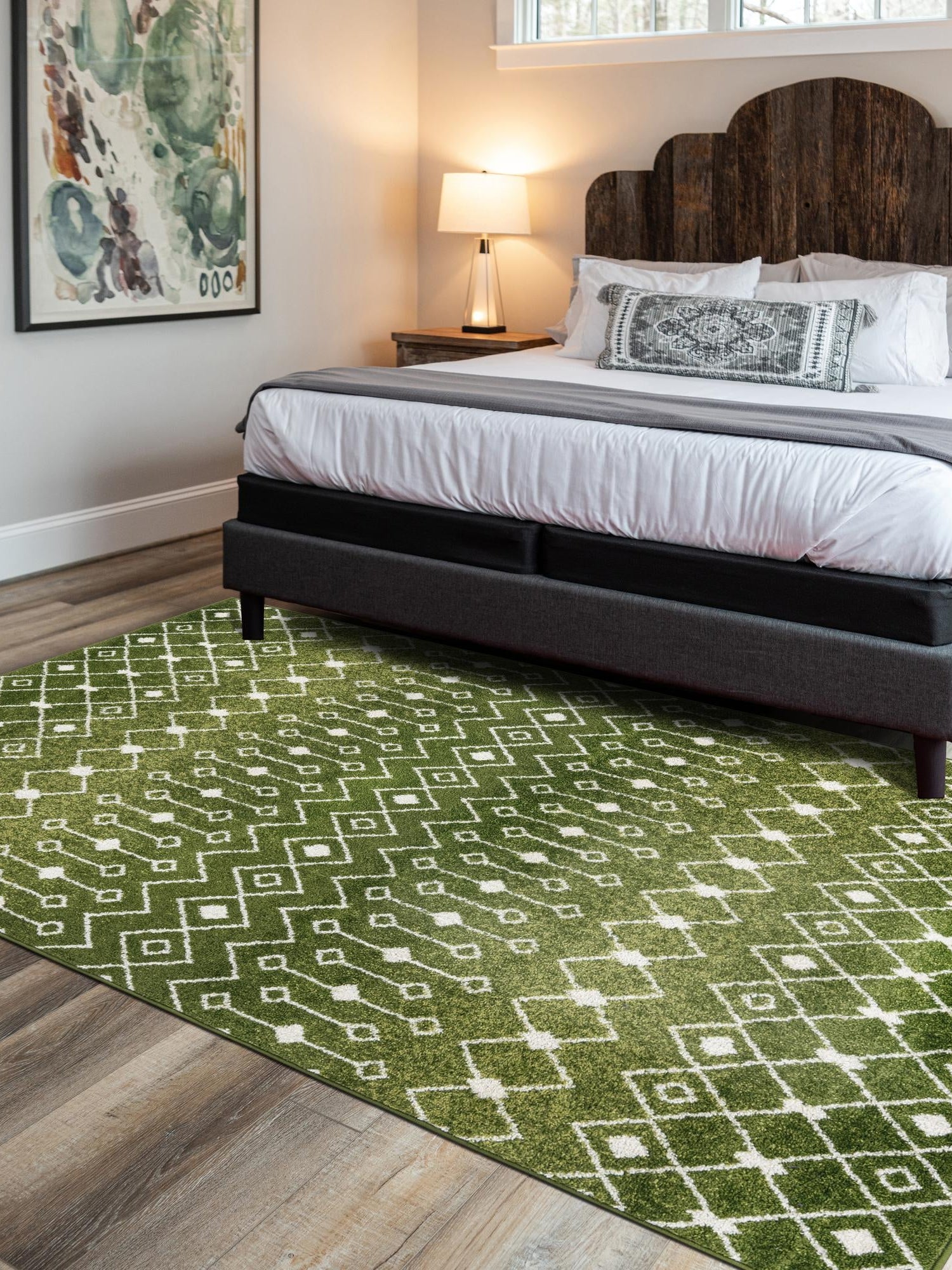 Green 6' 1 x 9' Tribal Trellis Rectangle Area Rug Geometric Southwestern Inspired Durable Carpet for Home Interior Design for Sale at Rug Engine