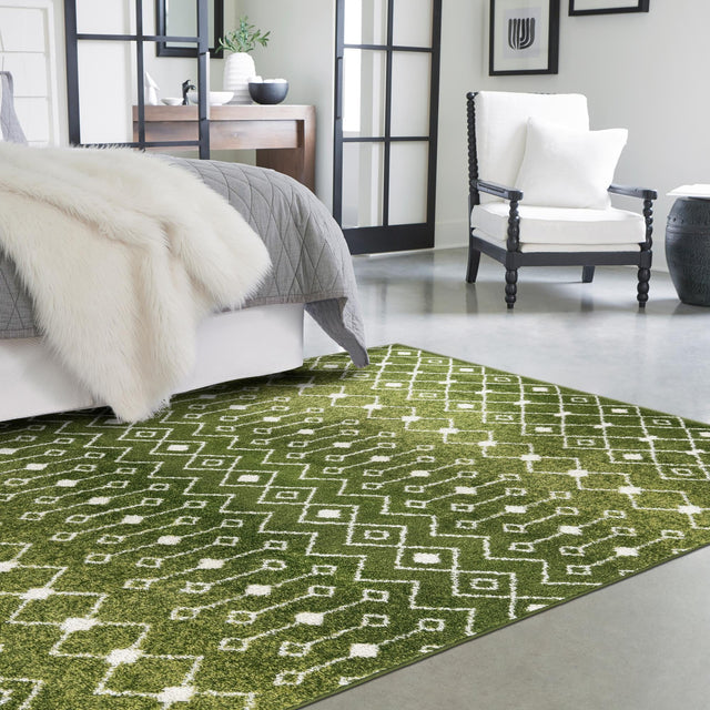 Green 4' 1 x 6' 1 Tribal Trellis Rectangle Area Rug Geometric Southwestern Inspired Durable Carpet for Home Interior Design for Sale at Rug Engine