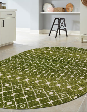 Green 4' 1 x 6' 1 Tribal Trellis Oval Area Rug Geometric Southwestern Inspired Durable Carpet for Home Interior Design for Sale at Rug Engine