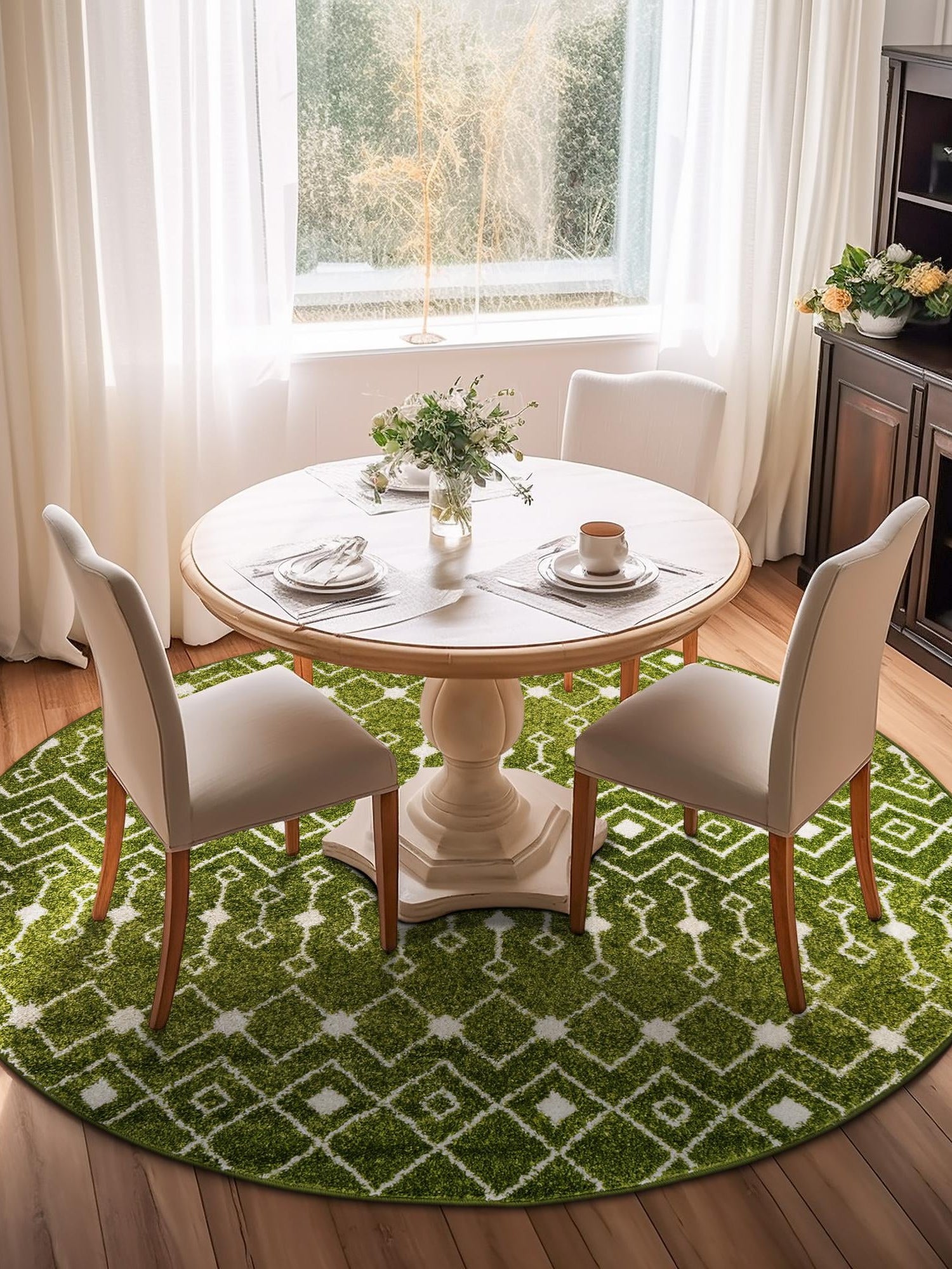 Green 6' 1 x 6' 1 Tribal Trellis Round Area Rug Geometric Southwestern Inspired Durable Carpet for Home Interior Design for Sale at Rug Engine