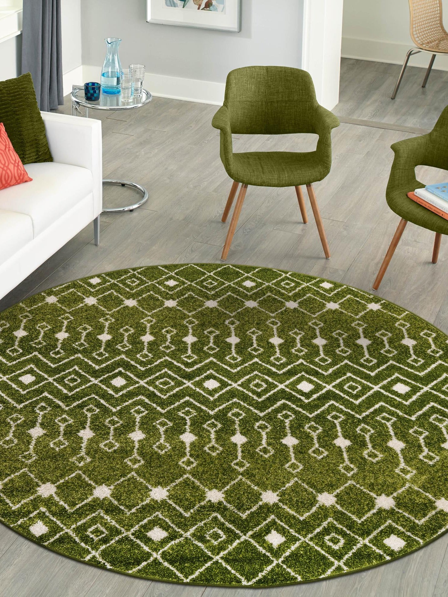 Green 6' 1 x 6' 1 Tribal Trellis Round Area Rug Geometric Southwestern Inspired Durable Carpet for Home Interior Design for Sale at Rug Engine