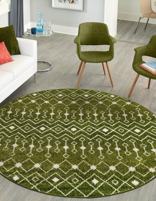 Green 6' 1 x 6' 1 Tribal Trellis Round Area Rug Geometric Southwestern Inspired Durable Carpet for Home Interior Design for Sale at Rug Engine