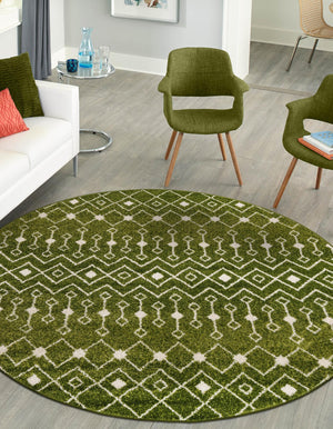 Green 7' 10 x 7' 10 Tribal Trellis Round Area Rug Geometric Southwestern Inspired Durable Carpet for Home Interior Design for Sale at Rug Engine