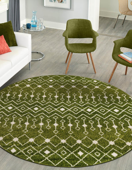 Green 7' 10 x 7' 10 Tribal Trellis Round Area Rug Geometric Southwestern Inspired Durable Carpet for Home Interior Design for Sale at Rug Engine