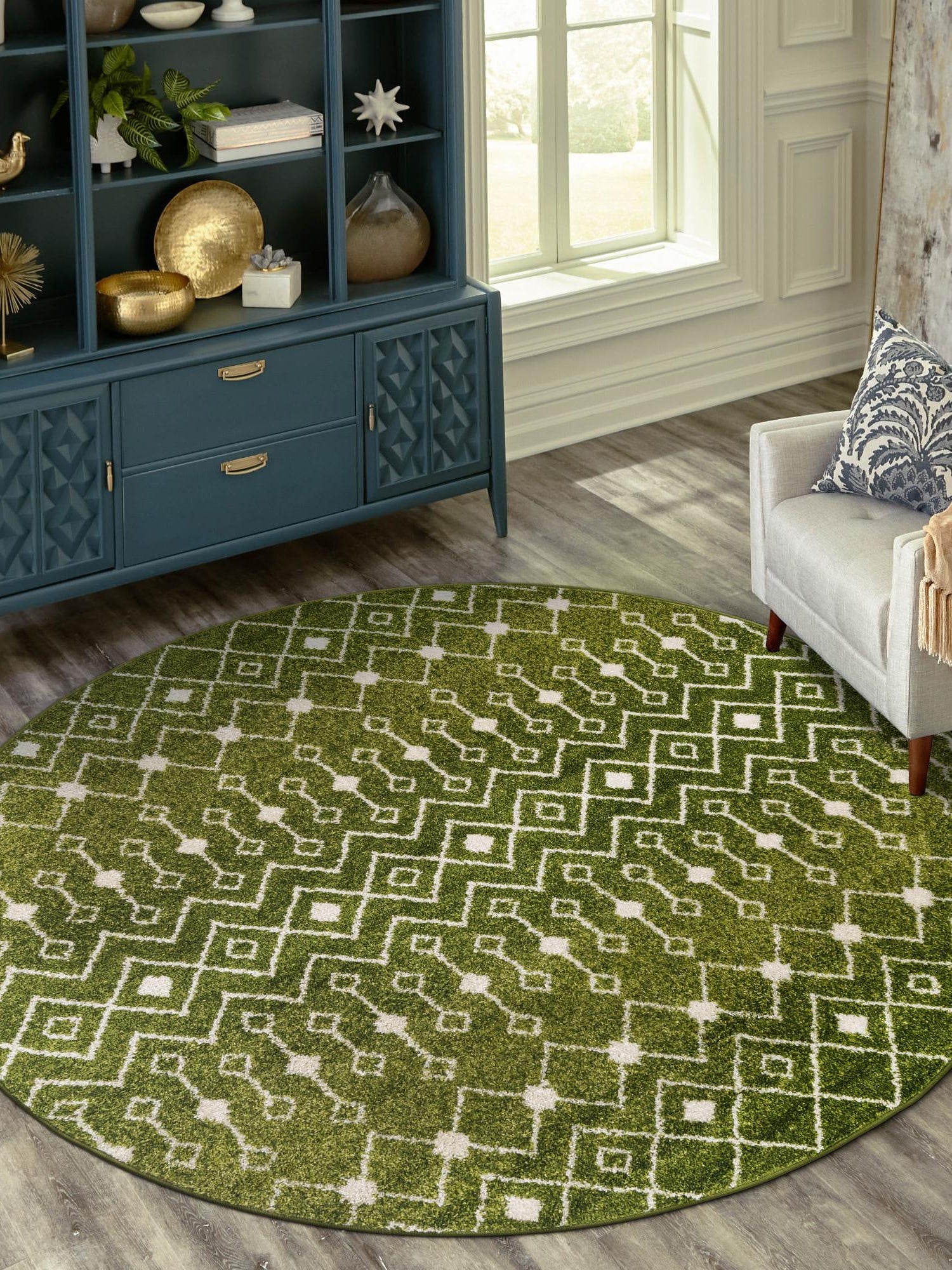 Green 3' 1 x 3' 1 Tribal Trellis Round Area Rug Geometric Southwestern Inspired Durable Carpet for Home Interior Design for Sale at Rug Engine
