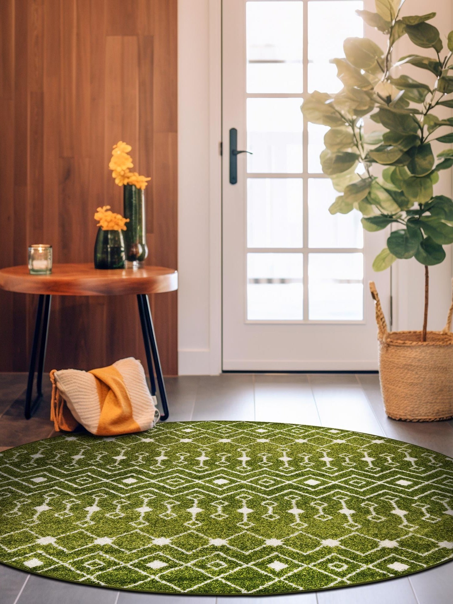 Green 3' 1 x 3' 1 Tribal Trellis Round Area Rug Geometric Southwestern Inspired Durable Carpet for Home Interior Design for Sale at Rug Engine