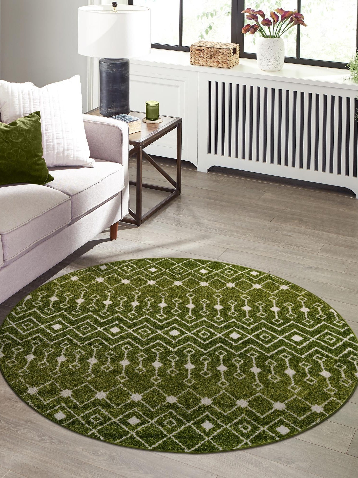 Green 7' 10 x 7' 10 Tribal Trellis Round Area Rug Geometric Southwestern Inspired Durable Carpet for Home Interior Design for Sale at Rug Engine