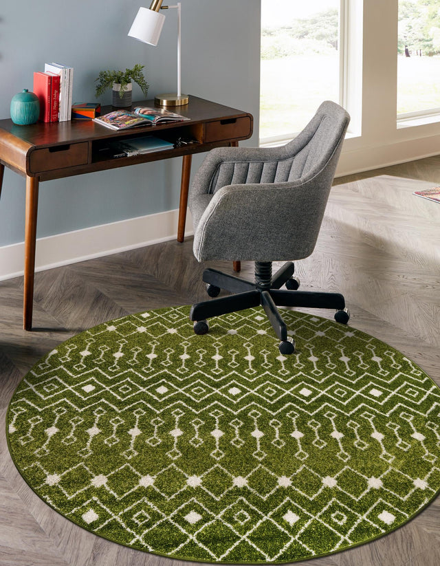 Green 5' 3 x 5' 3 Tribal Trellis Round Area Rug Geometric Southwestern Inspired Durable Carpet for Home Interior Design for Sale at Rug Engine