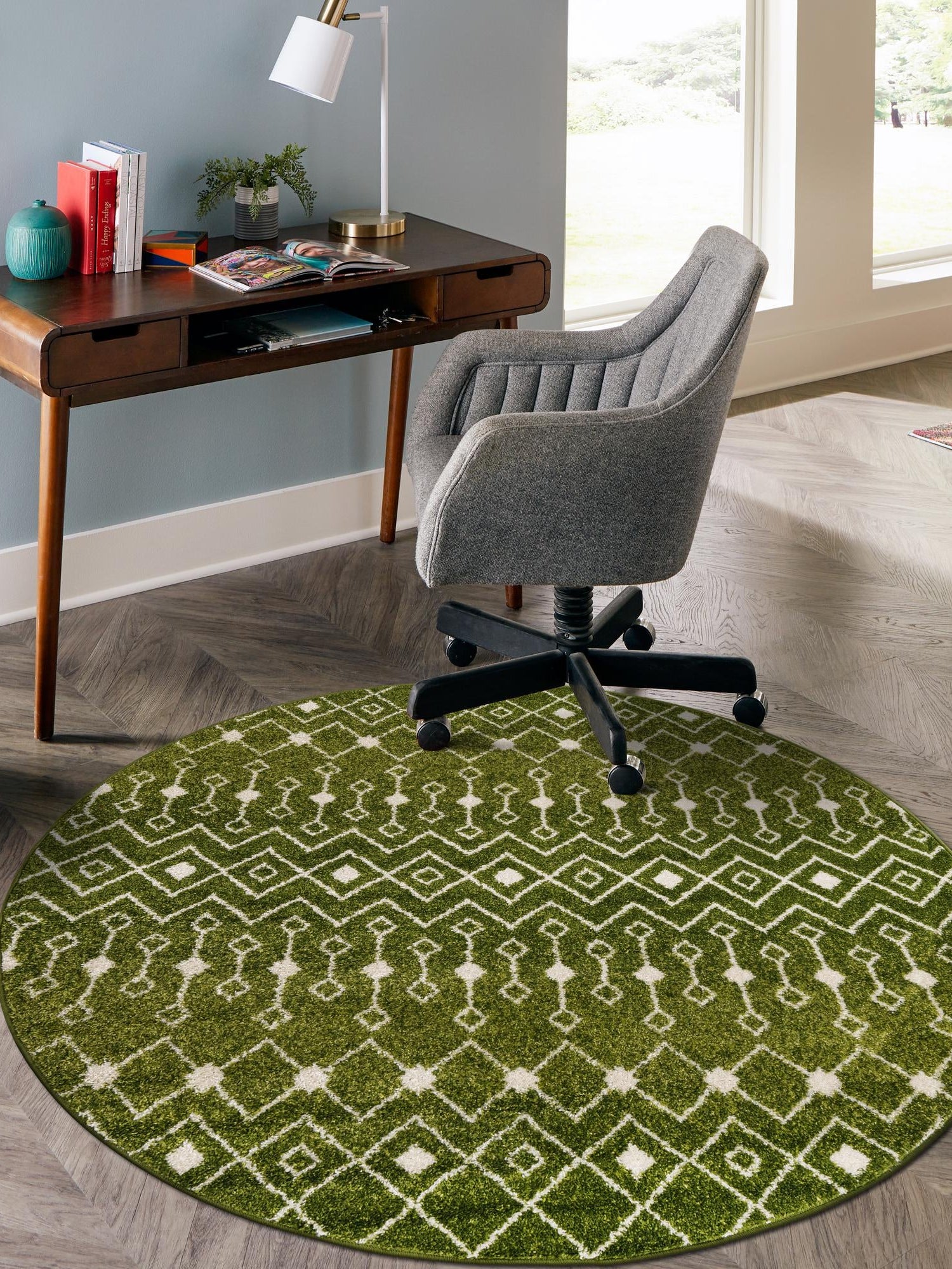 Green 6' 1 x 6' 1 Tribal Trellis Round Area Rug Geometric Southwestern Inspired Durable Carpet for Home Interior Design for Sale at Rug Engine