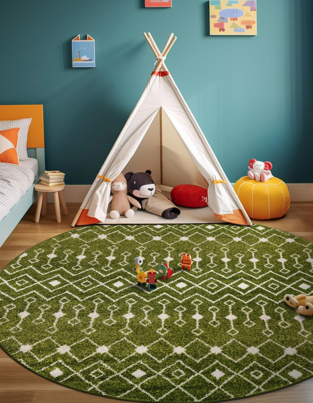 Green 5' 3 x 5' 3 Tribal Trellis Round Area Rug Geometric Southwestern Inspired Durable Carpet for Home Interior Design for Sale at Rug Engine