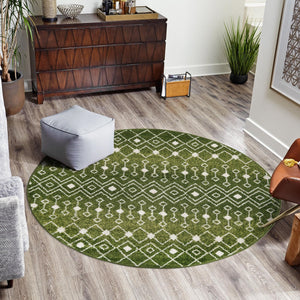 Green 5' 3 x 5' 3 Tribal Trellis Round Area Rug Geometric Southwestern Inspired Durable Carpet for Home Interior Design for Sale at Rug Engine