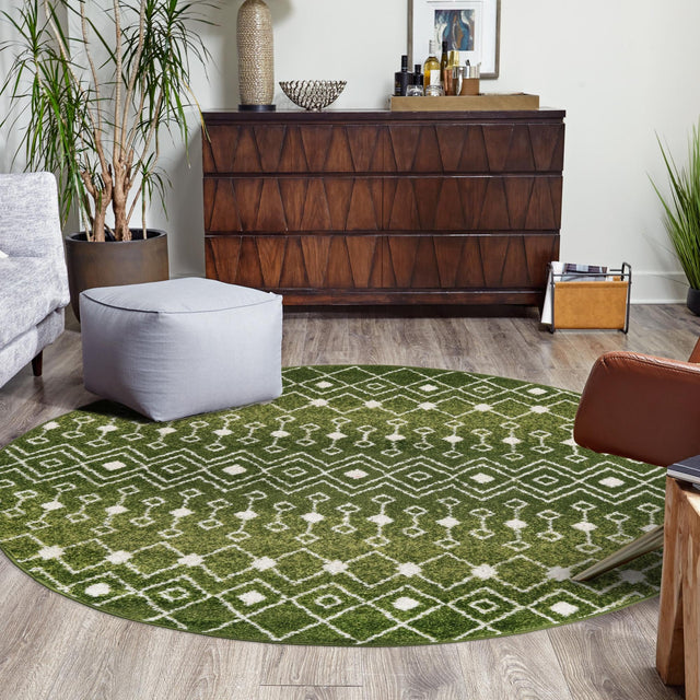 Green 6' 1 x 6' 1 Tribal Trellis Round Area Rug Geometric Southwestern Inspired Durable Carpet for Home Interior Design for Sale at Rug Engine