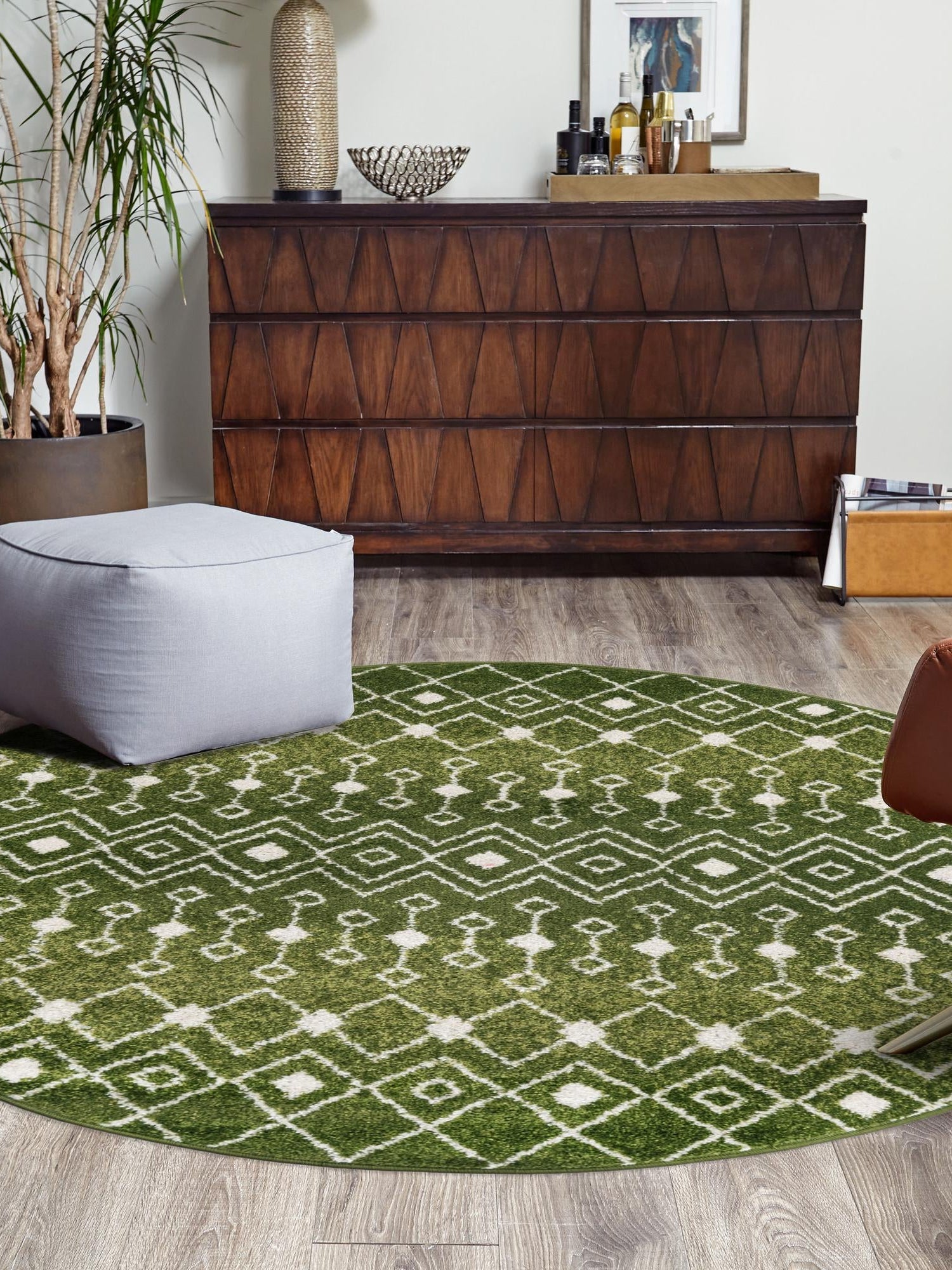 Green 10' x 10' Tribal Trellis Round Area Rug Geometric Southwestern Inspired Durable Carpet for Home Interior Design for Sale at Rug Engine