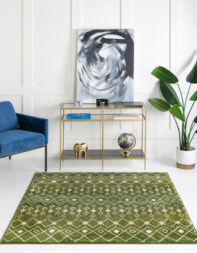 Green 7' 10 x 7' 10 Tribal Trellis Square Area Rug Geometric Southwestern Inspired Durable Carpet for Home Interior Design for Sale at Rug Engine