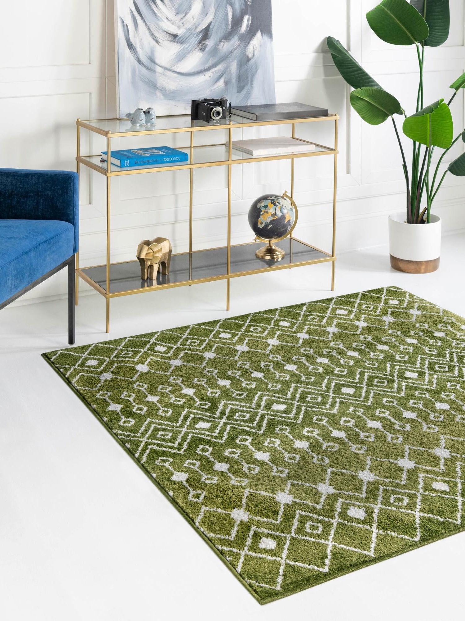Green 4' 1 x 4' 1 Tribal Trellis Square Area Rug Geometric Southwestern Inspired Durable Carpet for Home Interior Design for Sale at Rug Engine