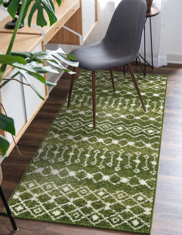 Green 2' 7 x 10' Tribal Trellis Runner Area Rug Geometric Southwestern Inspired Durable Carpet for Home Interior Design for Sale at Rug Engine