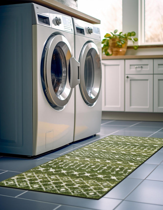 Green 2' 7 x 10' Tribal Trellis Runner Area Rug Geometric Southwestern Inspired Durable Carpet for Home Interior Design for Sale at Rug Engine