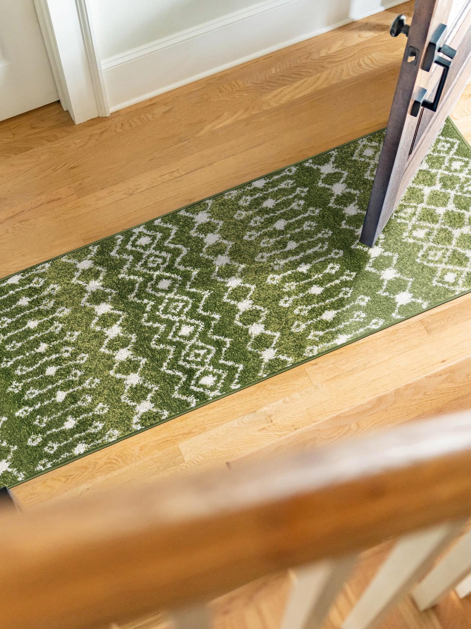 Green 2' x 8' Tribal Trellis Runner Area Rug Geometric Southwestern Inspired Durable Carpet for Home Interior Design for Sale at Rug Engine