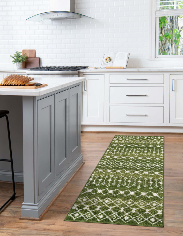 Green 2' x 8' Tribal Trellis Runner Area Rug Geometric Southwestern Inspired Durable Carpet for Home Interior Design for Sale at Rug Engine