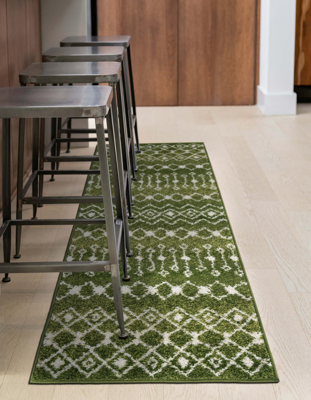 Green 2' 7 x 12' Tribal Trellis Runner Area Rug Geometric Southwestern Inspired Durable Carpet for Home Interior Design for Sale at Rug Engine