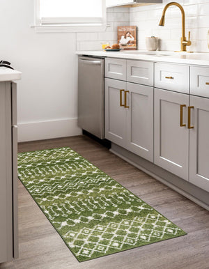 Green 2' 7 x 10' Tribal Trellis Runner Area Rug Geometric Southwestern Inspired Durable Carpet for Home Interior Design for Sale at Rug Engine