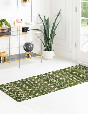 Green 2' 7 x 10' Tribal Trellis Runner Area Rug Geometric Southwestern Inspired Durable Carpet for Home Interior Design for Sale at Rug Engine