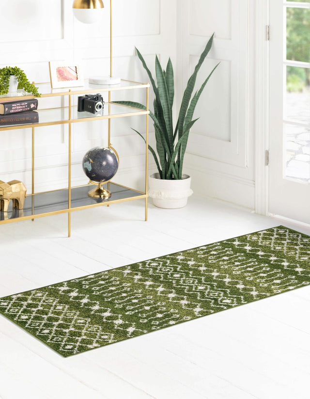 Green 2' 7 x 10' Tribal Trellis Runner Area Rug Geometric Southwestern Inspired Durable Carpet for Home Interior Design for Sale at Rug Engine