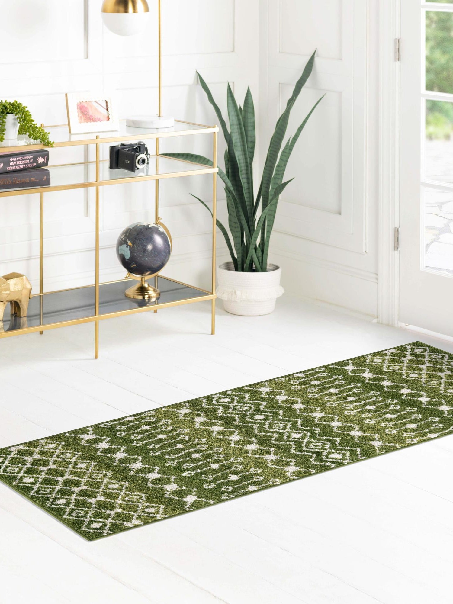 Green 2' x 6' 1 Tribal Trellis Runner Area Rug Geometric Southwestern Inspired Durable Carpet for Home Interior Design for Sale at Rug Engine