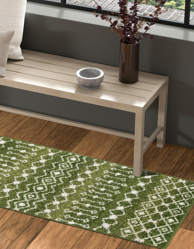 Green 2' x 7' 1 Tribal Trellis Runner Area Rug Geometric Southwestern Inspired Durable Carpet for Home Interior Design for Sale at Rug Engine