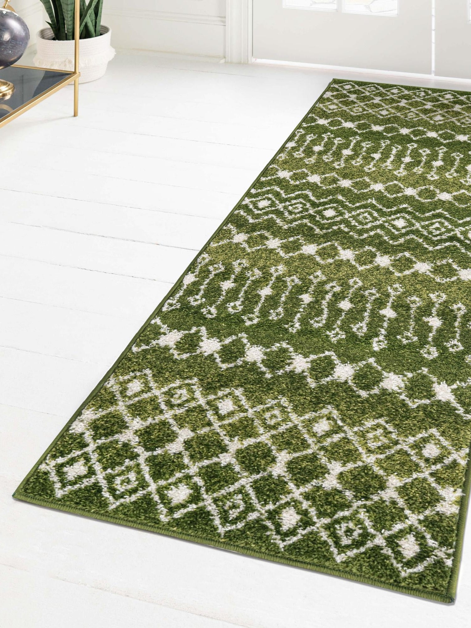 Green 2' x 7' 1 Tribal Trellis Runner Area Rug Geometric Southwestern Inspired Durable Carpet for Home Interior Design for Sale at Rug Engine