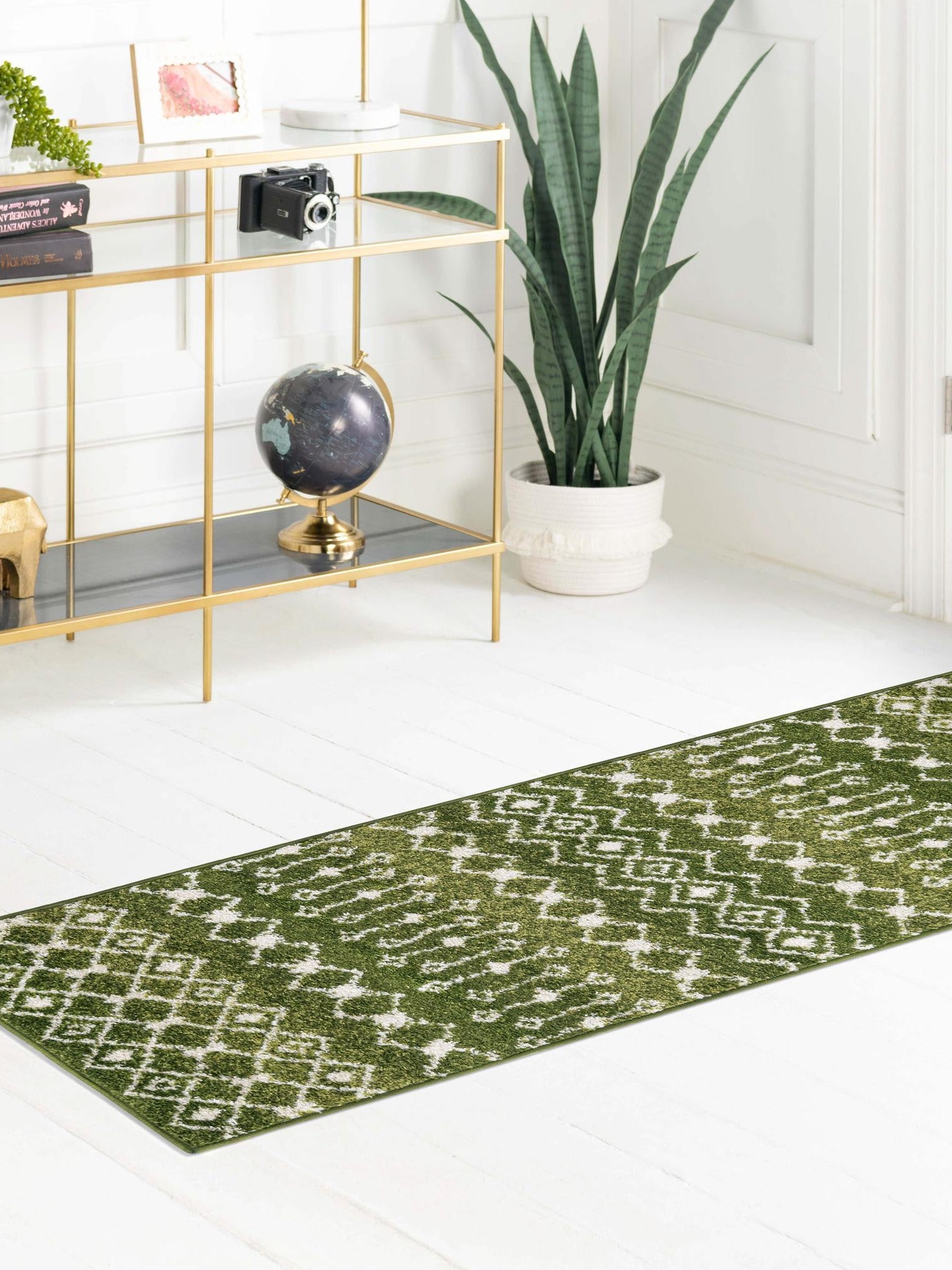Green 2' x 7' 1 Tribal Trellis Runner Area Rug Geometric Southwestern Inspired Durable Carpet for Home Interior Design for Sale at Rug Engine