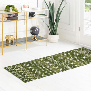 Green 2' x 7' 1 Tribal Trellis Runner Area Rug Geometric Southwestern Inspired Durable Carpet for Home Interior Design for Sale at Rug Engine