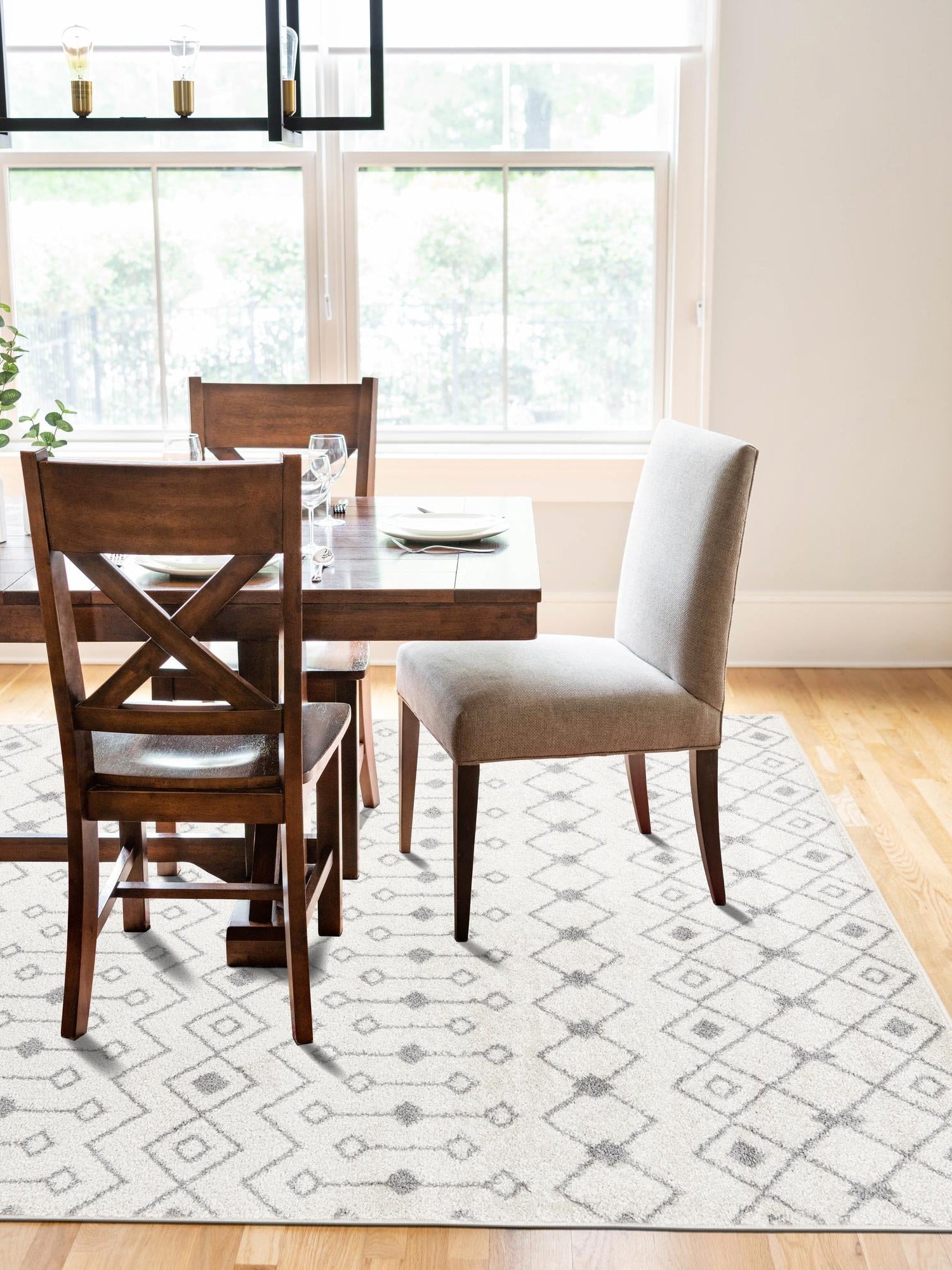 Ivory and Gray 7' 10 x 10' Tribal Trellis Rectangle Area Rug Geometric Southwestern Inspired Durable Carpet for Home Interior Design for Sale at Rug Engine