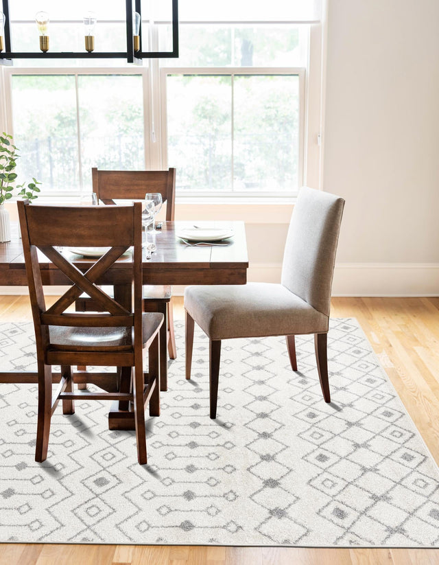 Ivory and Gray 7' 10 x 10' Tribal Trellis Rectangle Area Rug Geometric Southwestern Inspired Durable Carpet for Home Interior Design for Sale at Rug Engine