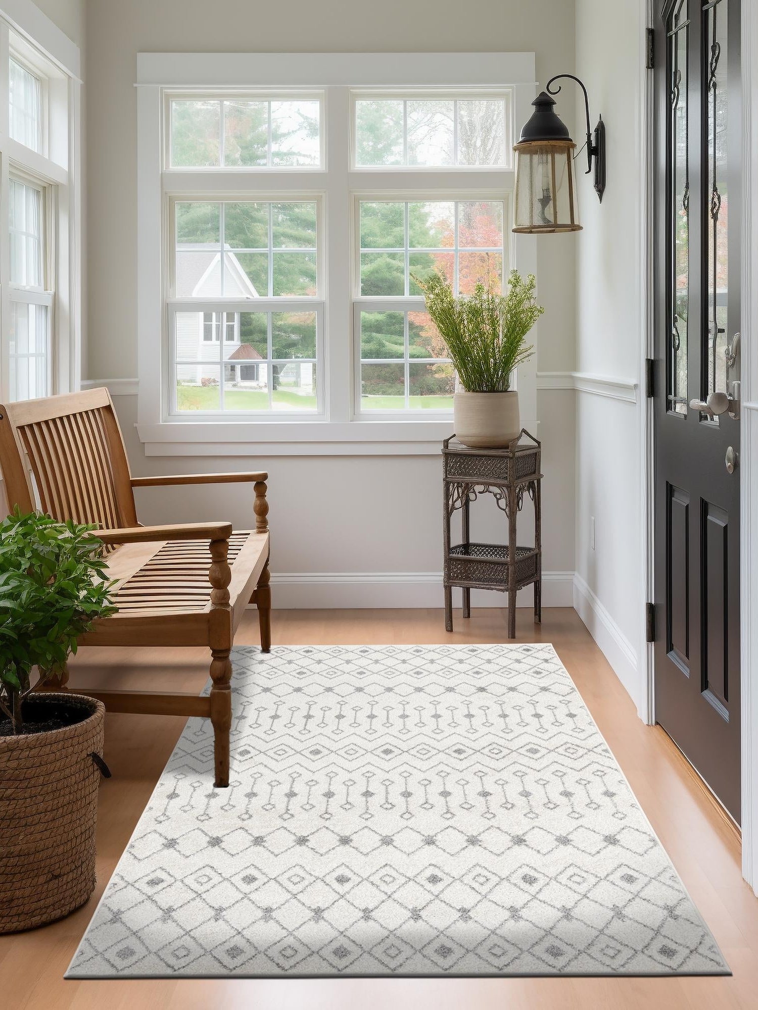 Ivory and Gray 7' 10 x 10' Tribal Trellis Rectangle Area Rug Geometric Southwestern Inspired Durable Carpet for Home Interior Design for Sale at Rug Engine