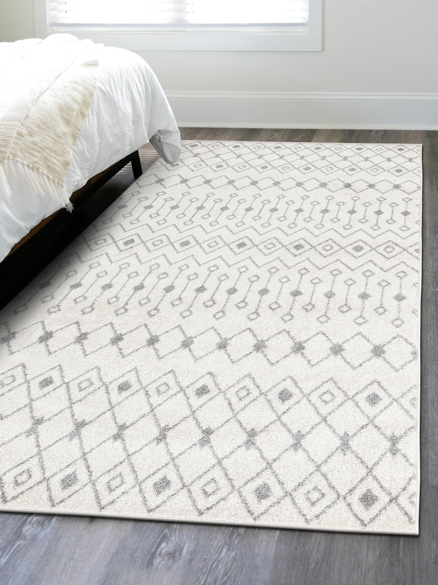 Ivory and Gray 9' x 12' Tribal Trellis Rectangle Area Rug Geometric Southwestern Inspired Durable Carpet for Home Interior Design for Sale at Rug Engine